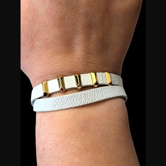 Stella & Dot Gold Tone Stud White Leather Wrap Bracelet 16" Long - Picture 2 of 11